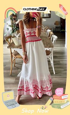 Malibu Villa Ethnic Printed Smocked Shoulder Tie Maxi Dress Bohemian Maxi Dress With Smocked Bodice For Vacation, Bohemian Smocked Dress For Vacation, Bohemian Sleeveless Smocked Beach Dress, Bohemian Sleeveless Smocked Dress For Beach, White Smocked Dress For Vacation, Bohemian Sleeveless Smocked Dress For Vacation, Bohemian Smocked Dress For Summer, Sleeveless Bohemian Smocked Dress, Bohemian Smocked Dress With Bodice For Summer