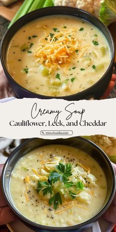 two bowls of creamy soup with cheese and parmesan