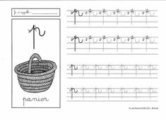 handwriting practice sheets with an image of a basket and the letter h on it's side