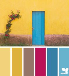 a yellow building with a blue door and some pink flowers on the outside, along with color swatches