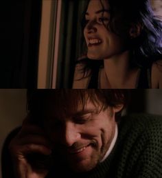 two different shots of a man and woman laughing in front of a window with their faces close to each other