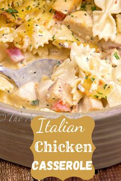 chicken casserole in a bowl with a serving spoon and title text above it