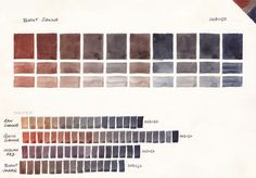 the color chart for different shades of brown, blue, red and black is shown