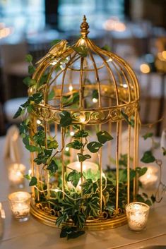 a gold birdcage filled with greenery on top of a table next to candles