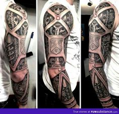 a man's arm is covered in tattoos and has an intricate design on it