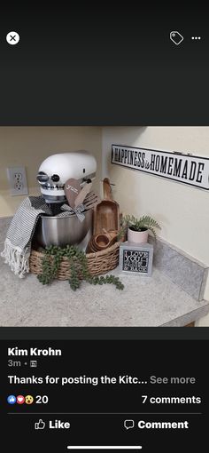 a kitchen counter top with an appliance on the side and text over it