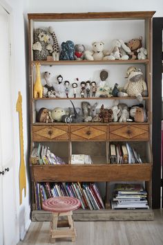 a book shelf filled with lots of stuffed animals