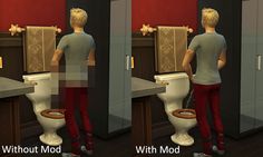 three images of a man standing in front of a toilet and looking at himself in the mirror