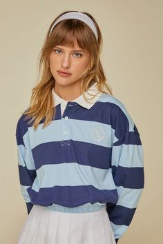 Striped Rugby Cropped Shirt Striped Cotton Varsity Tops, Cotton Tops With Ribbed Collar In College Style, Cotton Long Sleeve Polo Shirt With Contrast Stripes, Casual Long Sleeve Polo Shirt With Striped Collar, Long Sleeve Cotton Polo Shirt For College, Cotton Long Sleeve Polo Shirt For College, Preppy Collared Tops For College, Navy Cotton Top With Striped Cuffs, Collegiate Cotton Collared Top