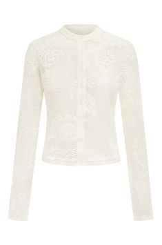 The Dom Top is a long sleeve button up front cardigan featuring a neckline collar, scalloped trim detail, and custom hand drawn crochet lace throughout.