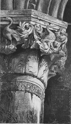 an old drawing of a column with carvings on it