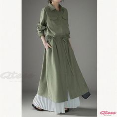 Qteee - Womens Belted Long Sleeve Shirt Dress, with a Casual and Waist-Defining Design Green Casual Shirt Dress For Fall, Casual Green Shirt Dress For Fall, Casual Green Long Sleeve Shirt Dress, Casual Cotton Khaki Shirt Dress, Casual Khaki Cotton Shirt Dress, Dresses For Formal Events, Stylish Midi Dress, Tail Dress, Loose Fit Blouse