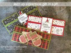 four christmas cards are laid out on the floor and one has a tag that says, jazz up a practical gift in a jit