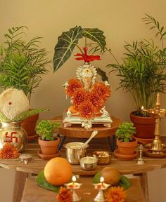 an assortment of potted plants and decorations on a table in front of a wall