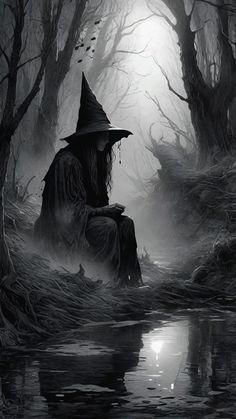 a black and white photo of a witch sitting in the middle of a dark forest