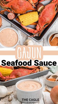 the seafood sauce is ready to be eaten on the grill and served with corn, carrots