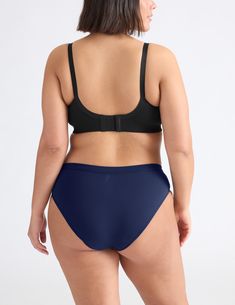 Made from a cotton-spandex blend that feels luxurious against your skin. The innovative floating gusset design, with protective bonding around the edges, offers extra protection against leaks, keeping you feeling dry and secure throughout the day, absorbing the same as about 3 super tampons’ worth. | Knix Leakproof Cotton Bikini Period Underwear in Midnight Blue Knix Leakproof, Period Kit, Wireless Bras, Wireless Bra, Active Wear Outfits, Plus Size Lingerie, Sports Bras, Midnight Blue, Cotton Spandex