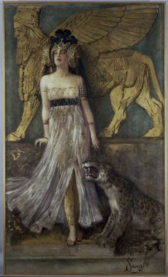 a painting of a woman standing next to a dog in front of a wall with an eagle on it