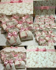 several pictures of boxes with pink bows on them