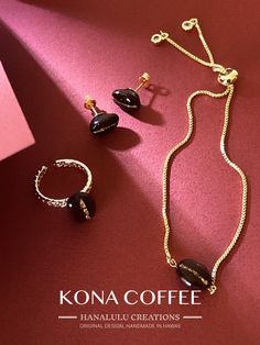 - Materials: Kona coffee beans, eco friendly resin, gold foil, 14k gold plated chain and ring, 18k gold plated earring post - Features:  Original design, hypoallergenic, tarnish resistant, handmade in Hawaii Discover the aroma of Hawaii's famed Kona coffee beans with our exclusive jewelry set. As a coffee enthusiast and jewelry designer, I've combined my passions to create the world's first and only Kona coffee bean jewelry. Each piece in this set is meticulously handcrafted to capture the natur Handmade Coffee Colored Jewelry For Gifts, Handmade Coffee-colored Jewelry For Gift, Nickel-free Gold-plated Jewelry As Gift For Her, Nickel-free Gold Plated Jewelry As Gift For Her, Nickel-free Gold-plated Jewelry For Her, Nickel-free Gold-plated Jewelry Gift, Bean Jewelry, Barista Gift, Kona Coffee