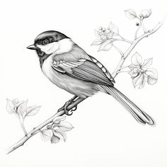 a black and white drawing of a bird on a branch with flowers in the background