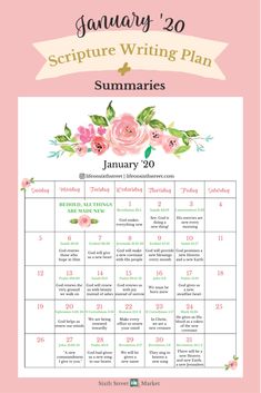 a pink and white calendar with the words january'20, written in cursive writing