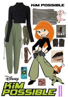 an advertisement for the animated movie kim possible, with her outfit and accessories on display