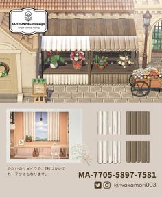 an advertisement for a flower shop with flowers in the window and potted plants outside