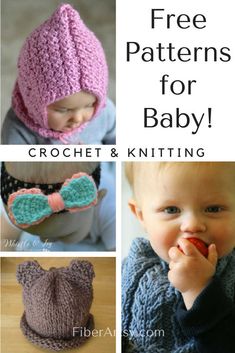 free crochet patterns for baby hats and mittens, including one with a bow