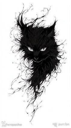 a drawing of a black cat's face with its hair blowing in the wind