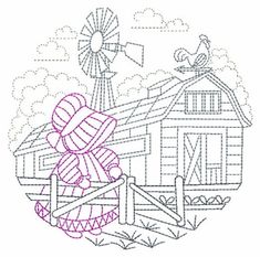 an embroidery pattern with a farm scene and windmill