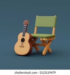 a wooden chair with a green seat and a small guitar on it's back