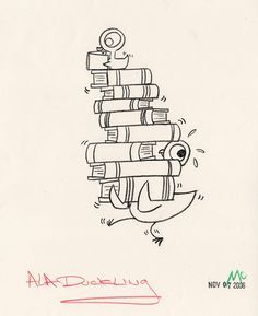 a drawing of a bird sitting on top of a stack of books