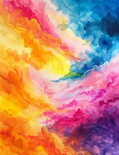 an abstract painting with colorful colors and clouds in the sky, as well as watercolors