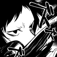 a black and white drawing of an anime character holding a knife in one hand with the other