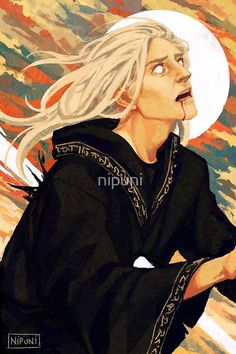 a painting of a woman with white hair and black clothes, looking up at the sky