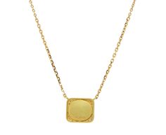 This stunning Brooke Gregson necklace exudes a modern, understated luxury. The smooth, dusty blue sapphire is centered on the square 18K yellow gold pendant which has a surface of hand-engraved lines radiating outward. Tiny white diamonds are set around the pendant for added sparkle which hangs from the center of the adjustable 18K yellow gold chain. total length : adjustable : 16 1/2" and 18" : 18K yellow gold 18K yellow gold, sapphire and diamond pendant : just under 1/2" x 1/2"blue sapphire : Fine Jewelry Square Pendant Necklace With Polished Finish, Square Pendant Necklace In Fine Jewelry Style, Formal Single Cut Diamond Rectangular Necklace, Formal Square Pendant Necklace With Polished Finish, Fine Jewelry Rectangular Necklace With Single Cut Diamonds, Yellow Gold Square Pendant Diamond Necklace As A Gift, Modern Yellow Gold Square Pendant Jewelry, Rectangular Yellow Gold Necklace With Polished Finish, Yellow Gold Diamond Necklace With Square Pendant As Gift