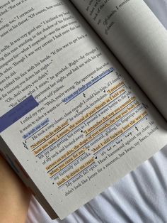 an open book sitting on top of a bed next to a person's hand