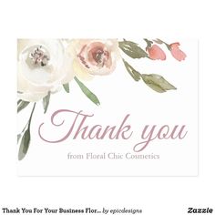 thank card with watercolor flowers and the words, thank you from floral chic cosmetics