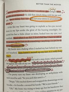 an open book with some type of text on the page and two different colored lines