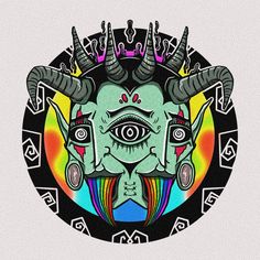 an image of a demon with horns on it's head and rainbow colors in the background