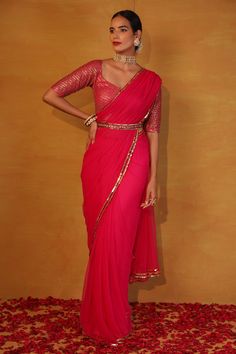 Buy Esha Koul Pink Net Embroidered Saree With Blouse Online | Aza Fashions Saree With Belt, Net Blouse, Design Composition, Saree Gown, Simple Sarees, Saree Designs Party Wear, Embroidered Saree, Net Saree, Fancy Blouses