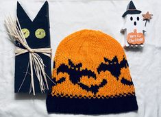 "A fun halloween color work hat as we enter the chilly weather~ Working slightly a heavier weight yarn than I normally pick this worked up super fast and made something I found really cute. I try to make my patterns beginner friendly with color work charts that are \"knit by color\" to make following the design simple. I hope you guys enjoy this! Designed to fit most standard adult heads, 21-24 inches. Materials  Worsted weight yarn in 2 colors (about 150-200 yards total of yarn, great stash buster!)  US 6 circular Needles  US 7 circular needles  Tapestry needle" October Hat Knitting Pattern, Bat Knitting Pattern, Halloween Hat Knitting Patterns, Knit Halloween Hat, Fox Hat Knitting Pattern, Bat Hat, Work Hat, Halloween Color, Hat Knitting Pattern