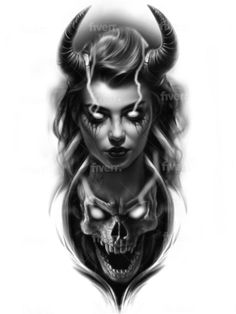 a woman's face with horns and skulls on her head, in black and white