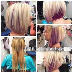 A line bob with purple in blonde hair #mariahshighonhairstudio Blonde Bob With Color Underneath, Purple In Blonde Hair, Color For Fine Hair, Hair Color For Fine Hair, Wavy Hair Inspiration, Blonde And Purple, Straight Bobs, Pinwheel Hair Color