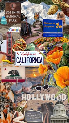 the collage is made up of many different pictures and words, including california state symbols