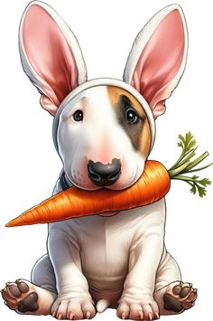 a dog with bunny ears holding a carrot