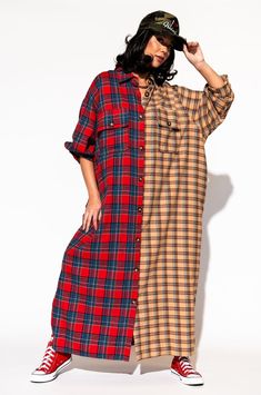 Grunge Goddess Flannel Dress/Duster in Red + Tan Oversized Buttoned Shirt Dress, Oversized Buttoned Shirt Dress For Fall, Oversized Button-up Shirt Dress, Tan Maxi Dress Outfit, Oversized Collared Shirt Dress For Fall, Oversized Button-up Shirt Dress With Pockets, Fall Oversized Shirt Dress For Daywear, Oversized Fall Shirt Dress For Daywear, Loose Fit Shirt Dress For Fall Daywear