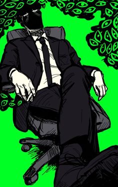 a drawing of a man in a suit and tie sitting on a chair with green background