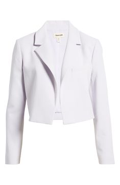 The classic notched-lapel blazer gets a modern twist with this cropped layer that has an open front and a boxy fit. 20" length (size Medium) Open front Notched lapels Chest welt pocket Lined 63% polyester, 31% rayon, 6% spandex Machine wash, tumble dry Imported Semi-formal Spring Cropped Jacket With Suit Collar, Semi-formal Cropped Jacket With Suit Collar For Spring, Spring Semi-formal Cropped Jacket With Suit Collar, Semi-formal Cropped Spring Blazer, Semi-formal Cropped Blazer For Spring, Semi-formal Spring Cropped Jacket With Lapel Collar, Semi-formal Cropped Jacket With Lapel Collar For Spring, Modern Cropped Jacket For Office, Cropped Semi-formal Spring Outerwear